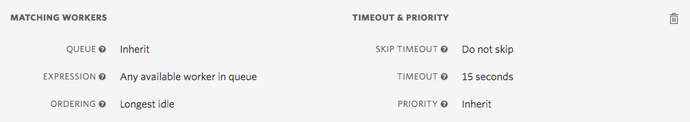 Workflow settings showing matching workers and timeout priority details.