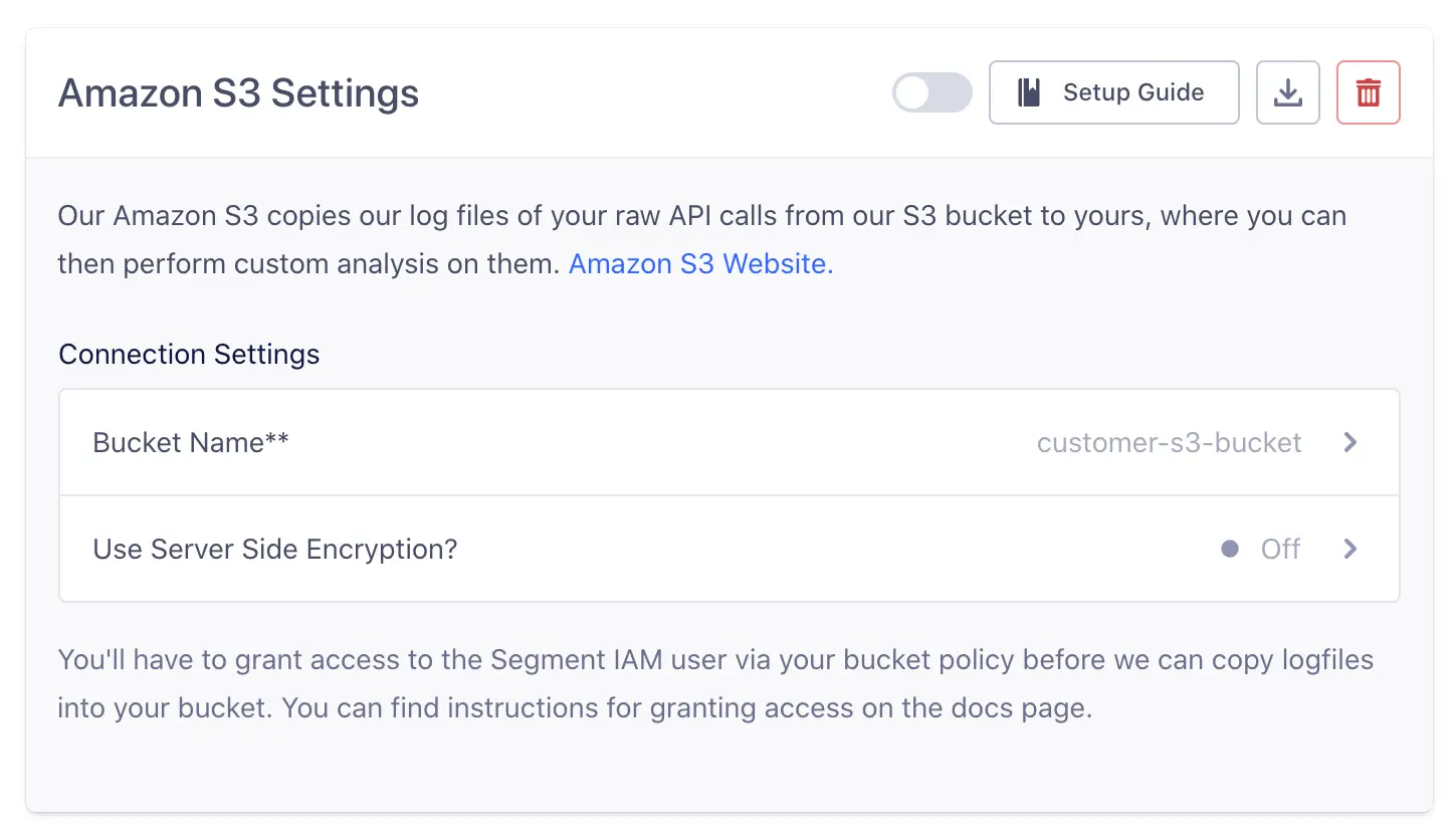 Amazon S3 settings with server side encryption option set to off.
