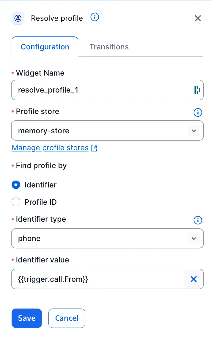 Resolve Profile widget configuration panel showing Profile Store, Find Profile By, Identifier Type, Identifier Value, and Profile ID fields