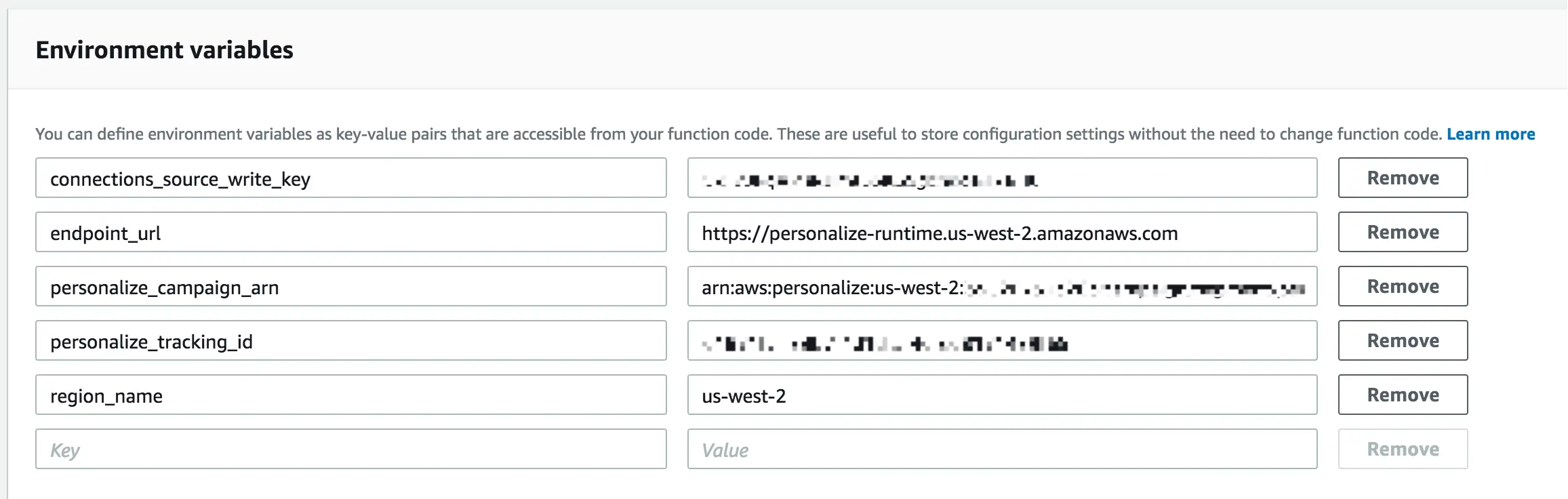 A screenshot of the environmental variables panel, with a key/value pair of personalize_campaign_arn included.