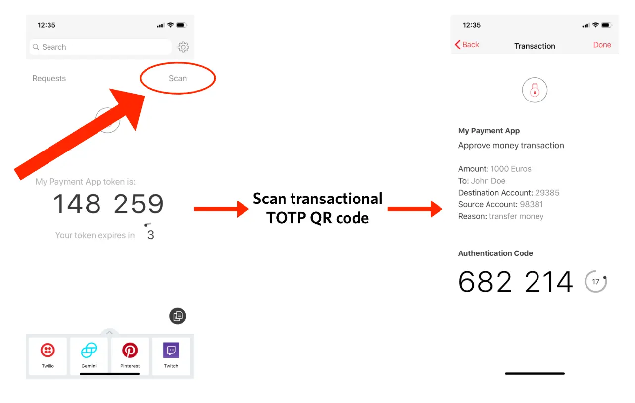 Instructions to scan TOTP QR code for approving a 1000 Euro transaction to John Doe.