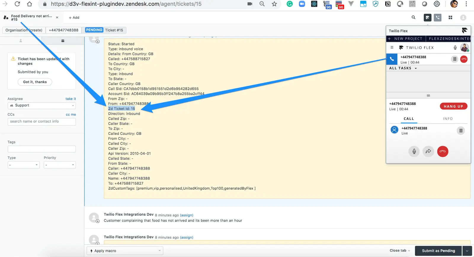 Zendesk ticket interface showing call details and status as completed.