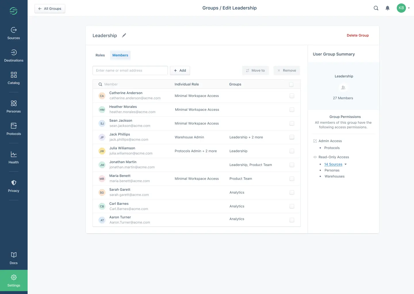 Leadership page with Members tab showing user roles and groups.