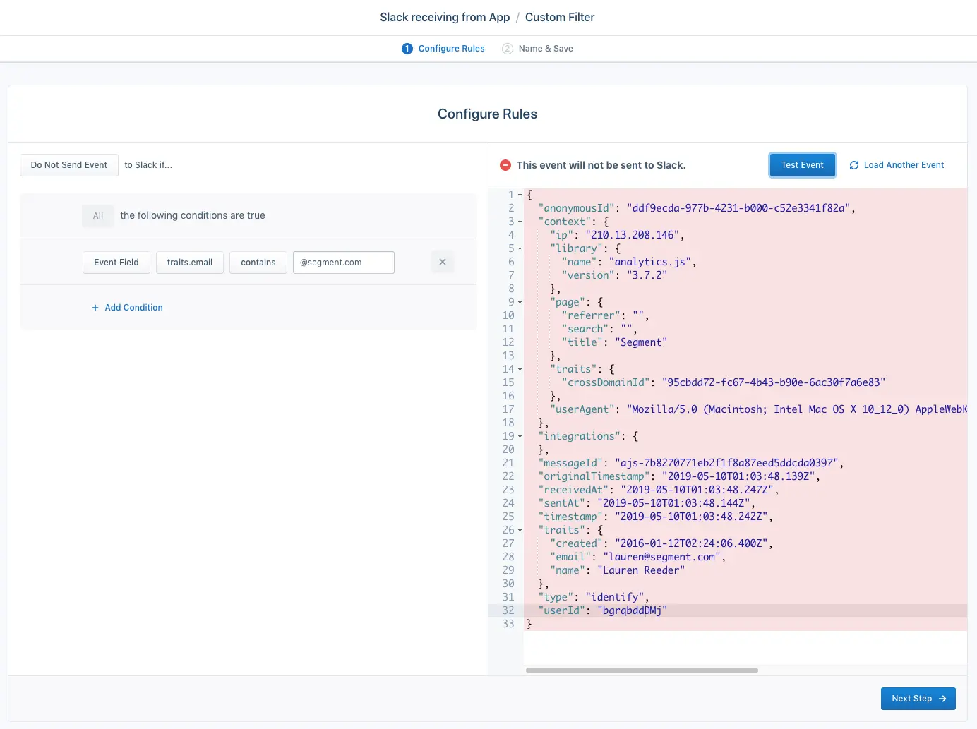 Example of a filter that removes internal and test events from production tools.