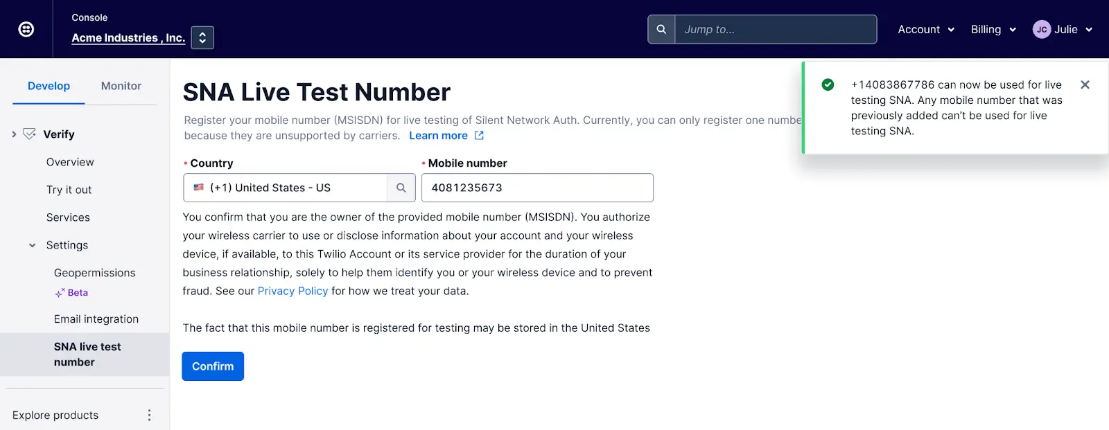 Form to register a mobile number for SNA live testing with country selection and confirmation message.