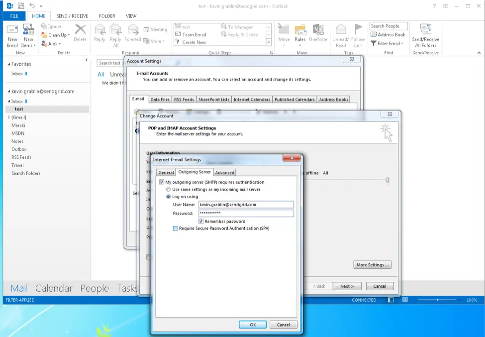 Outlook 2013 email settings showing SMTP authentication options.