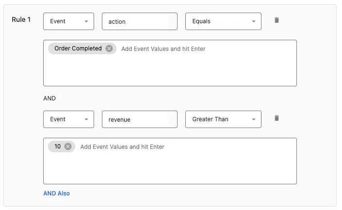 Event rule in StackAdapt that matches an Order Completed event with a revenue greater than 10.