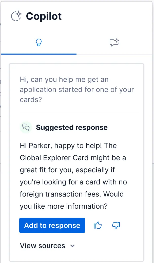 Agent view of suggested responses and Ask Copilot.