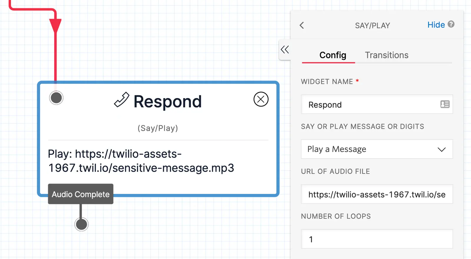 Twilio Respond widget configured to play an audio message from a URL.
