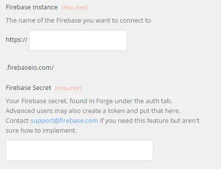 Form fields for Firebase instance URL and secret with instructions for obtaining the secret.
