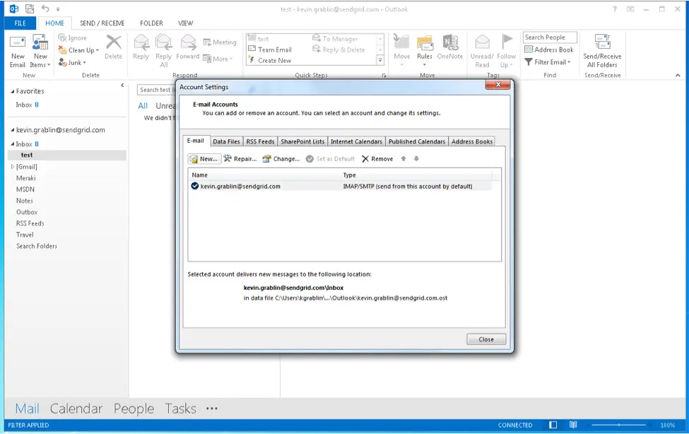 Outlook 2013 account settings showing POP and IMAP configuration for SendGrid.