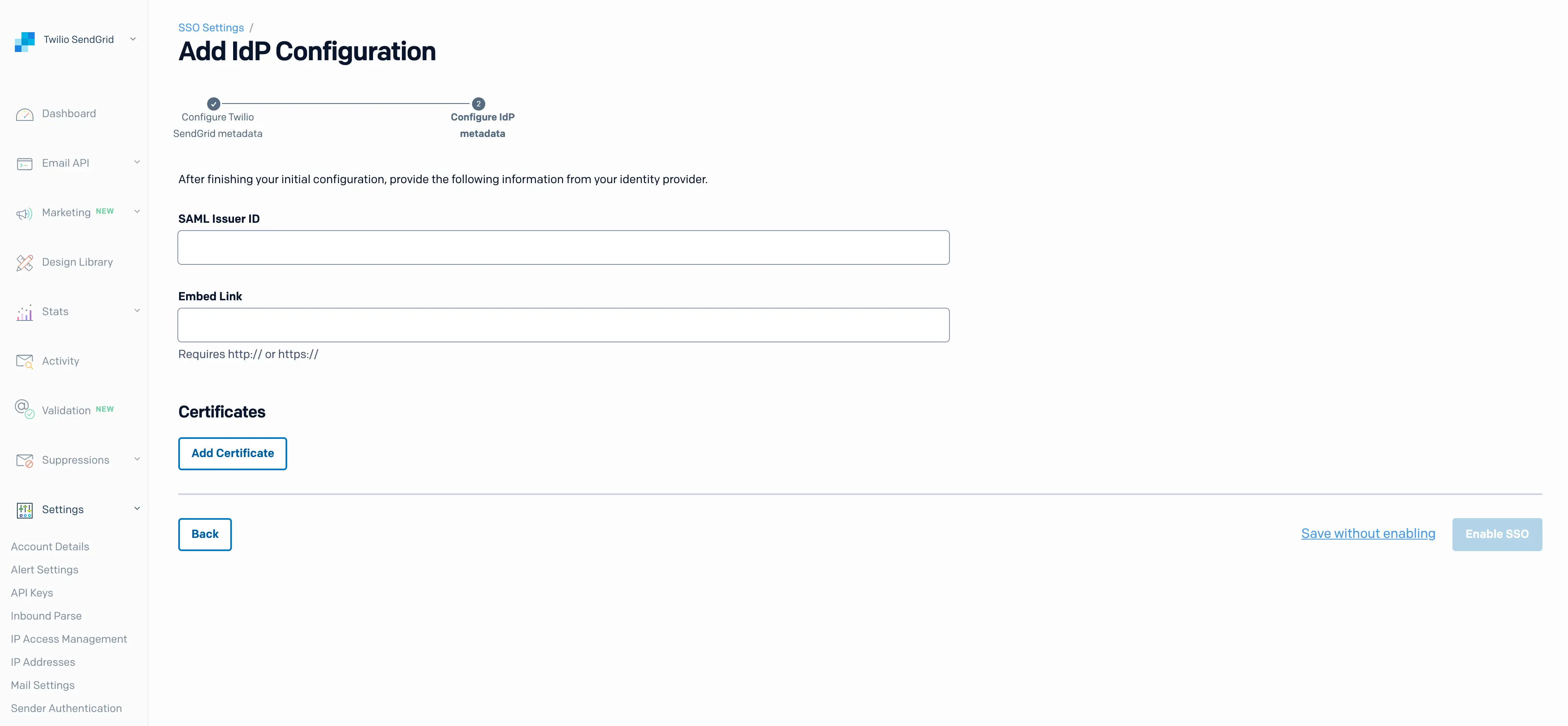SSO IdP configuration page with fields for SAML Issuer ID and Embed Link.