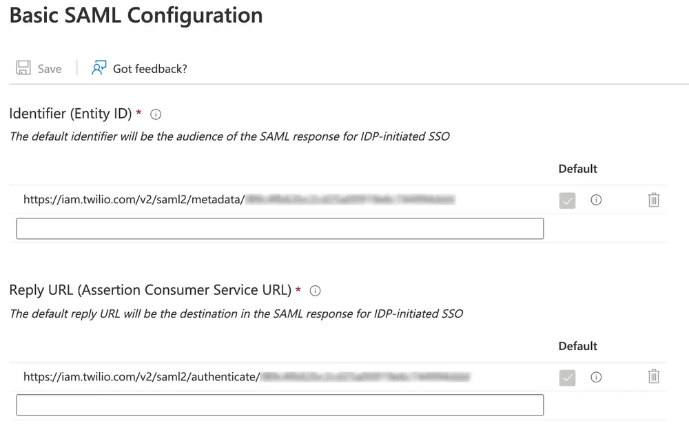 Basic SAML configuration with fields for Identifier and Reply URL, including default Twilio URLs.