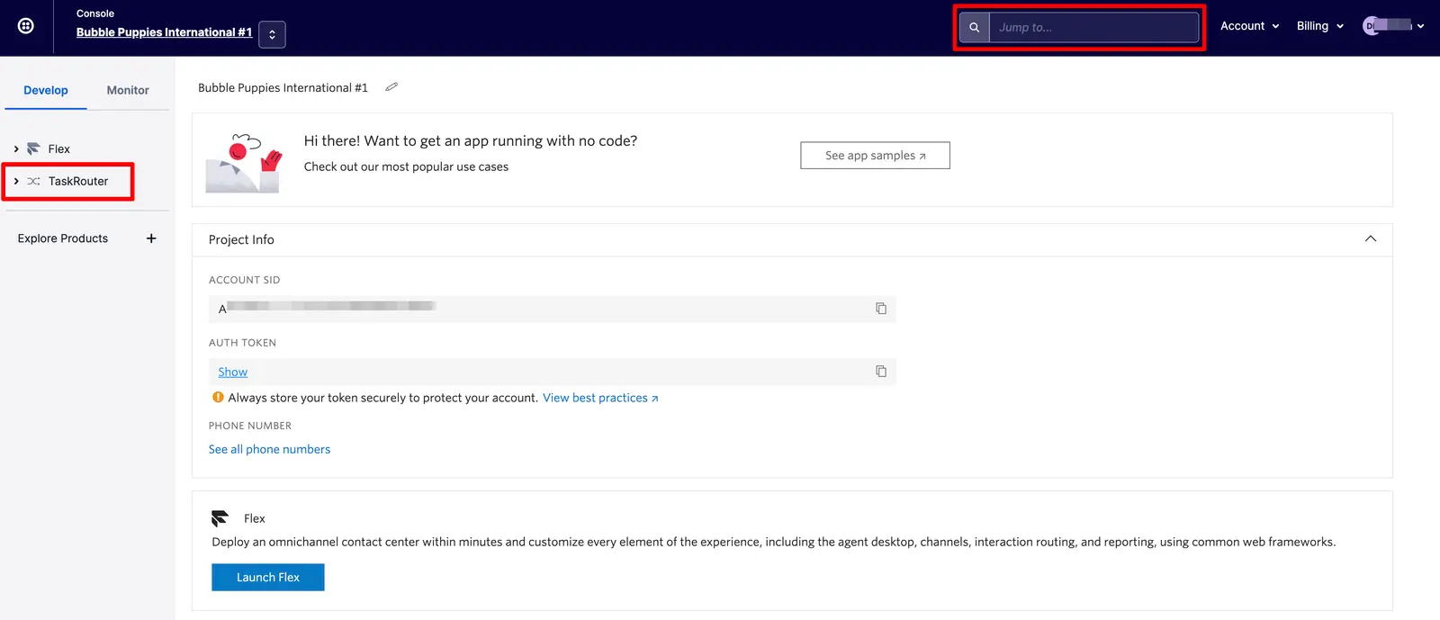 Twilio console showing TaskRouter navigation and project info with account SID and auth token.