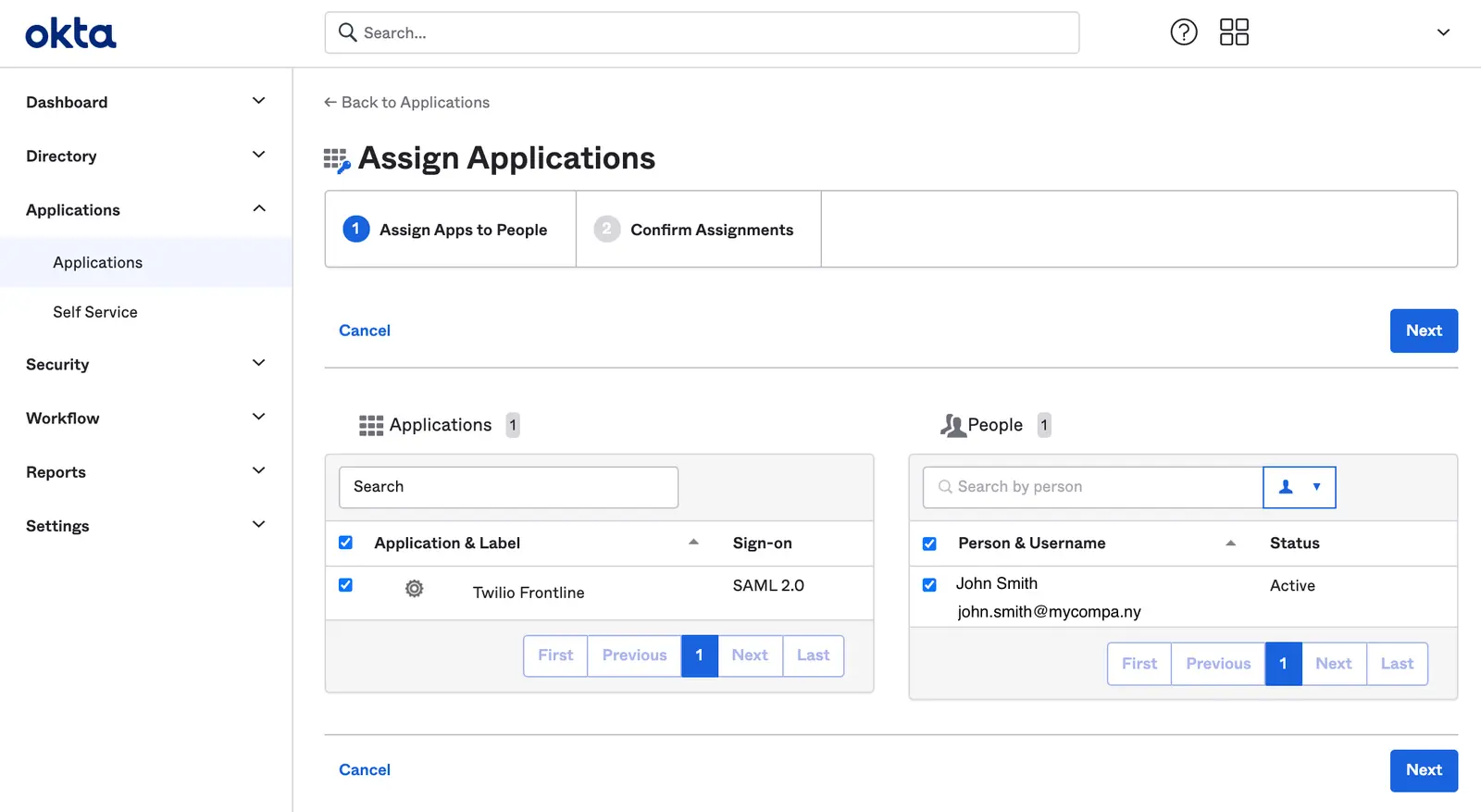 Okta interface for assigning Twilio Frontline app to John Smith using SAML 2.0.