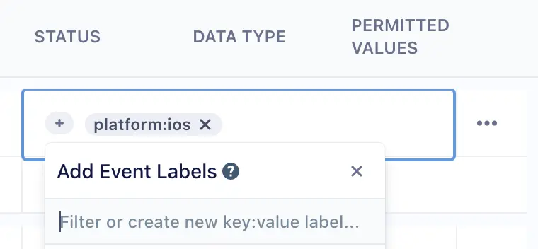 Event labels search bar with 'platform:ios' tag and filter prompt.