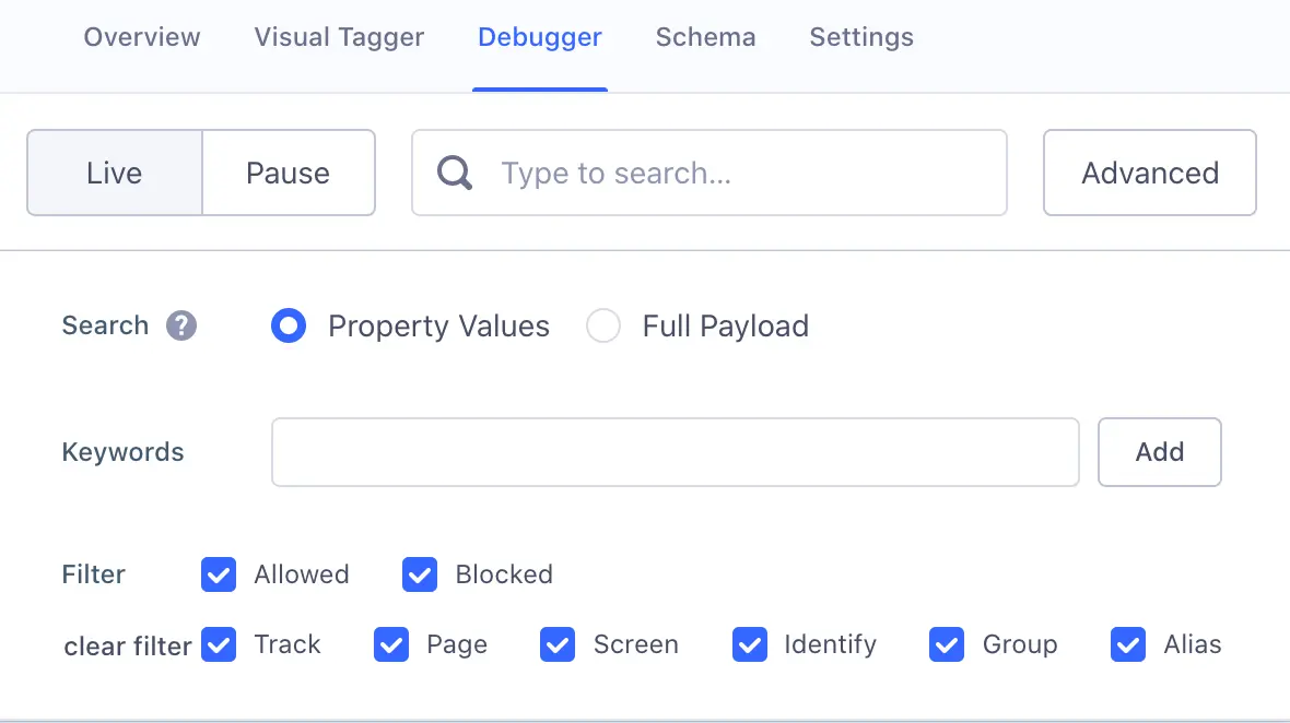 Debugger view with advanced options for property values and filters like track, page, and screen.