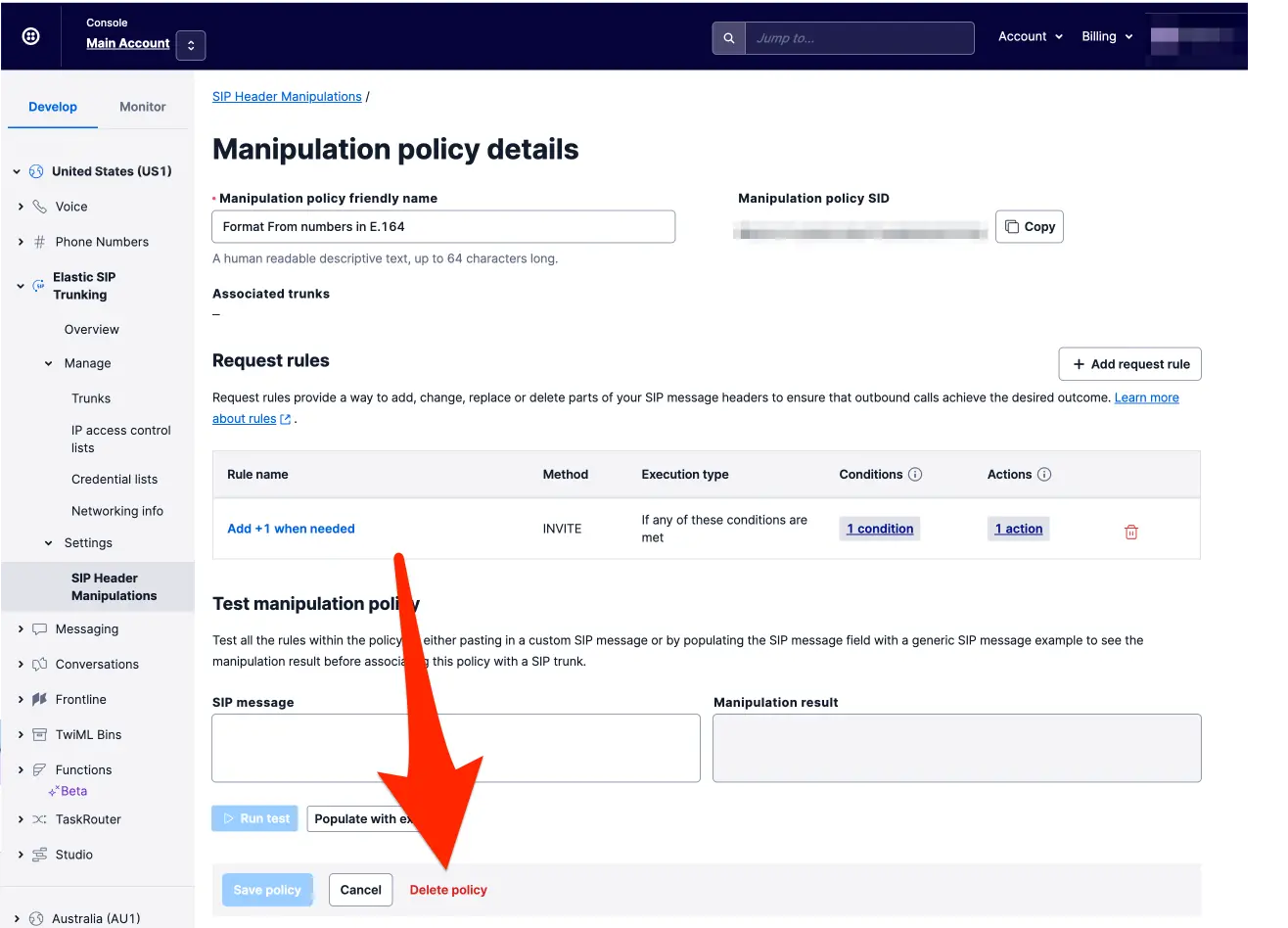 SIP trunking manipulation policy details with delete policy option highlighted.