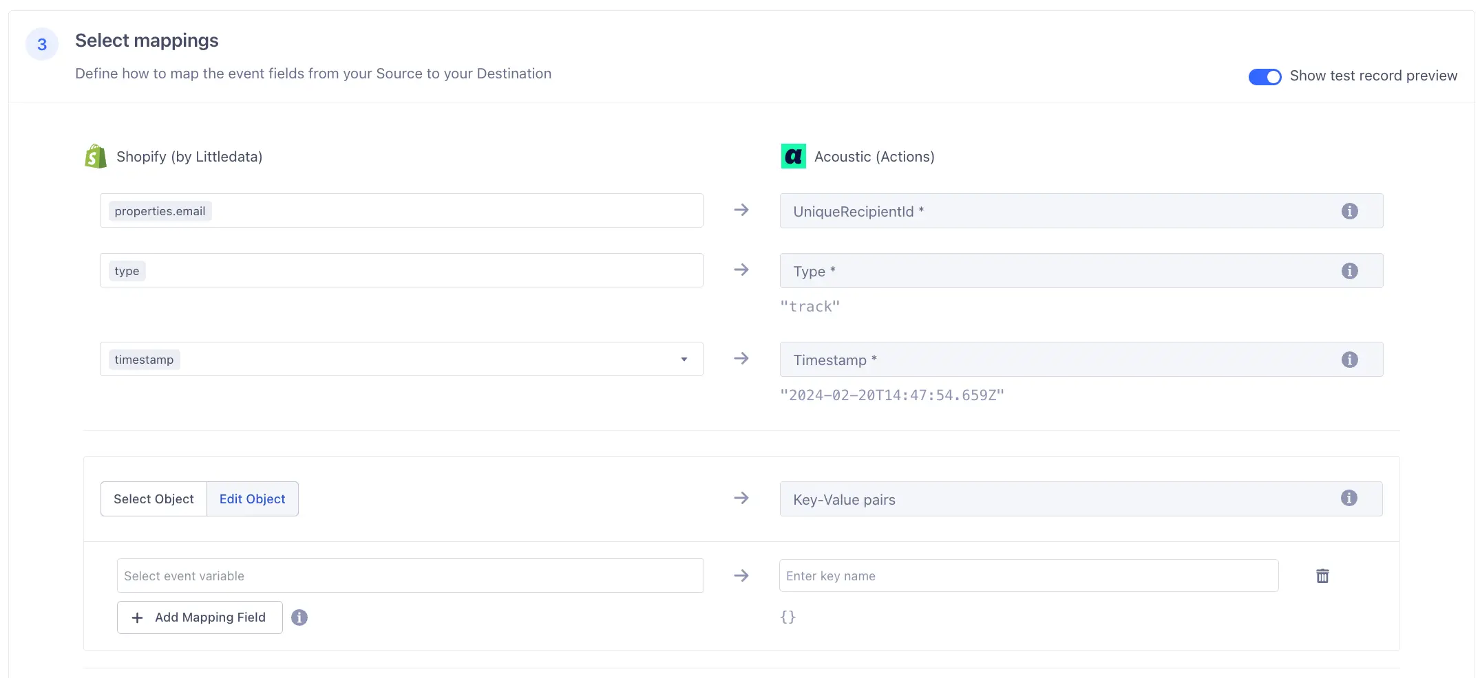 Segment UI Select Mappings window showing Shopify to Acoustic field mappings.