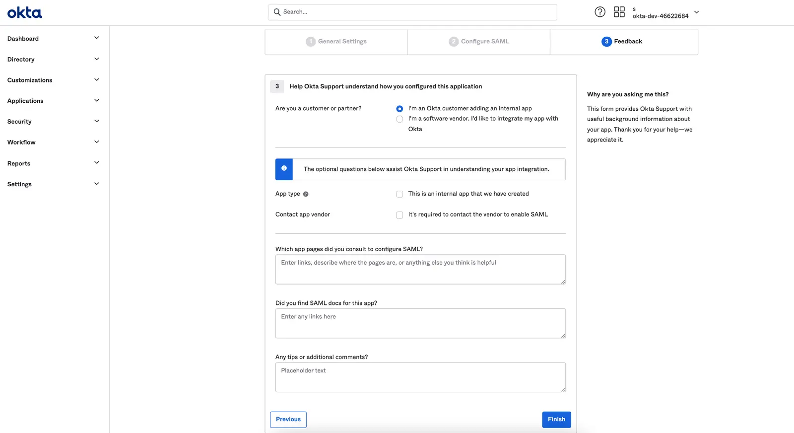 Okta form for configuring SAML with options for customer type and app integration details.