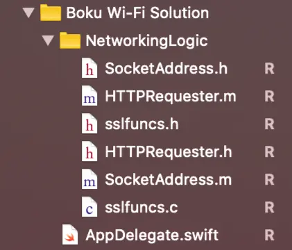 File structure showing Boku Wi-Fi Solution with NetworkingLogic folder containing HTTP and SSL files.