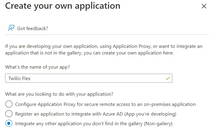 Create application form with Twilio Flex name and integration options.