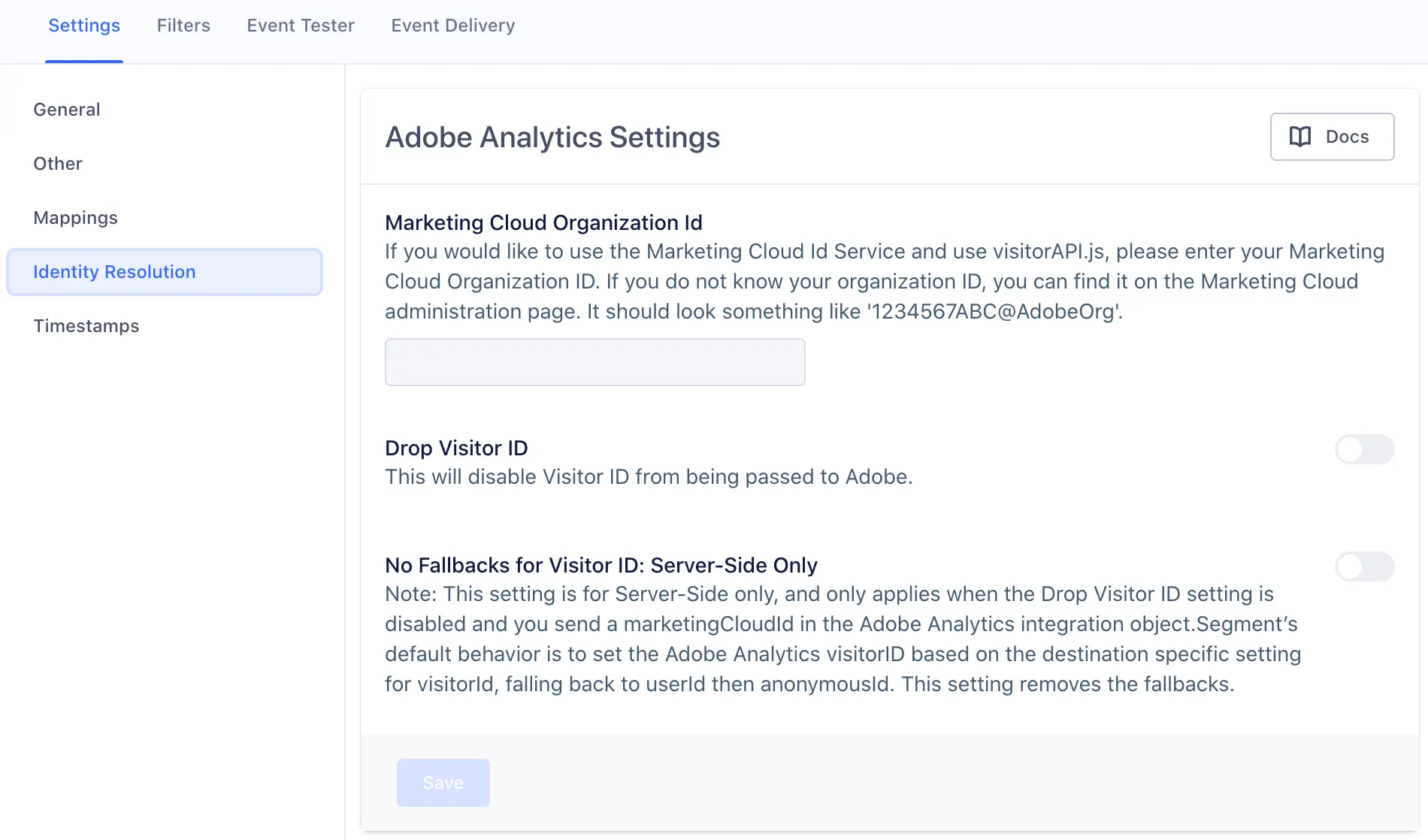 Adobe Analytics settings in Segment with the Timestamps section selected, showing options for Report Suites.