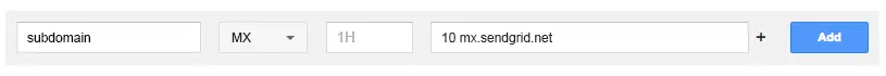 MX record setup with subdomain, priority 10, and server mx.sendgrid.net.
