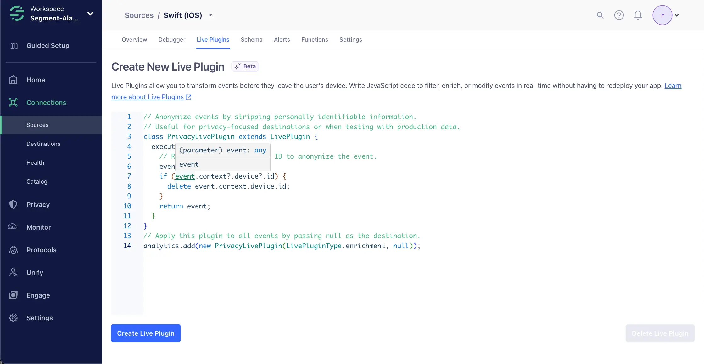 Code editor showing PrivacyLivePlugin class in Swift for anonymizing events.