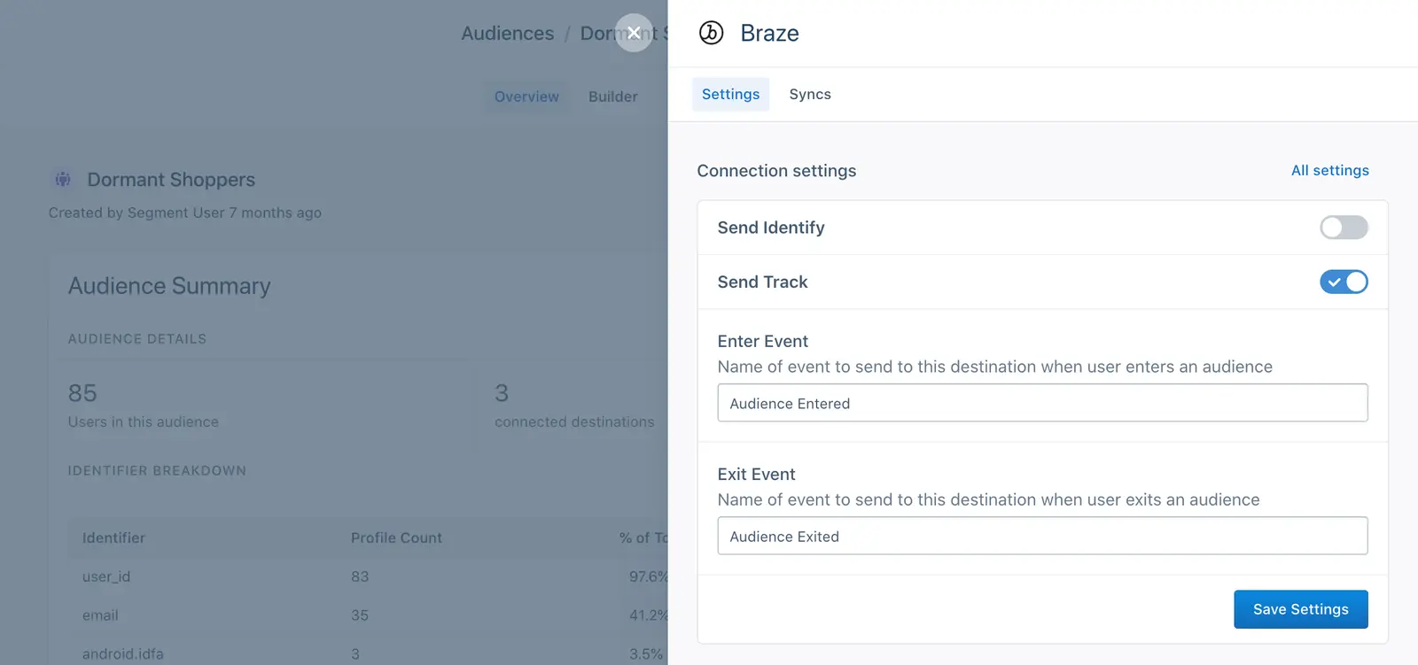 A screenshot of the Braze settings tab in Segment, with the Send Track setting enabled, Enter Event and Exit Event fields configured.