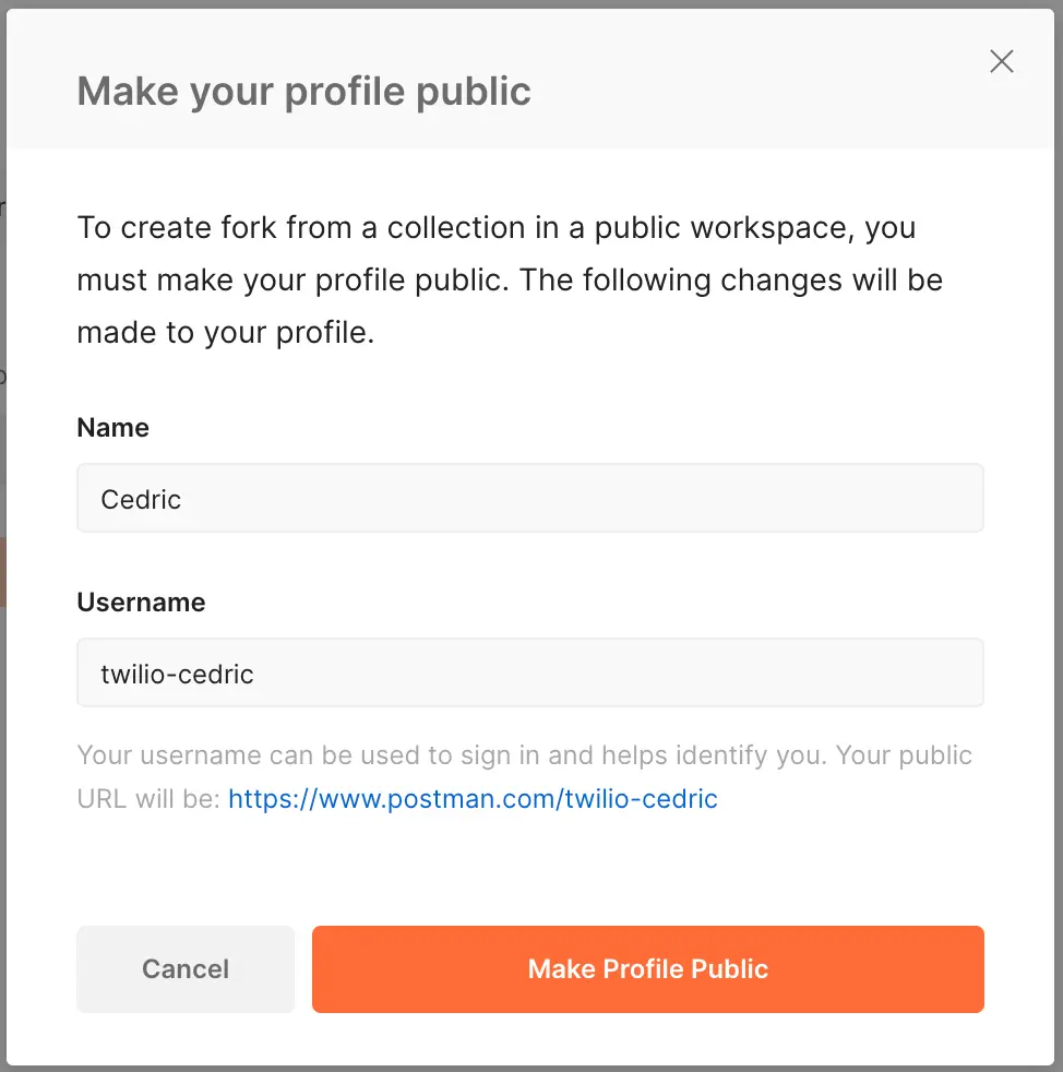 Form to make profile public with fields for name and username.