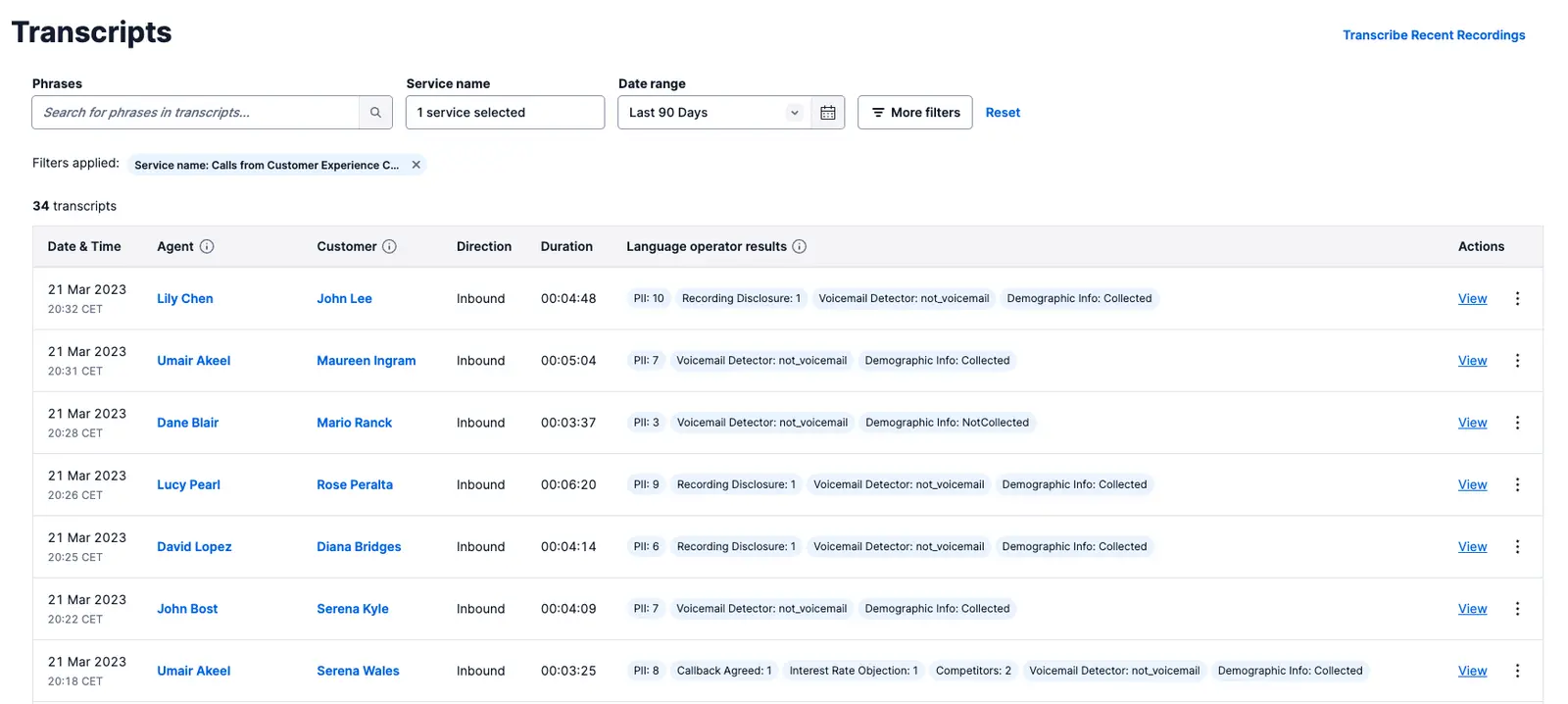 Transcripts table showing date, agent, customer, direction, duration, and language results.
