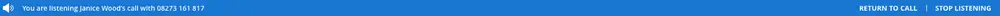 LiveCommsBar showing call status with options to return or stop listening.