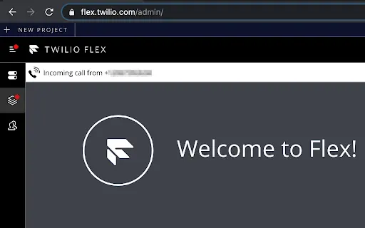Twilio Flex dashboard with incoming call notification.