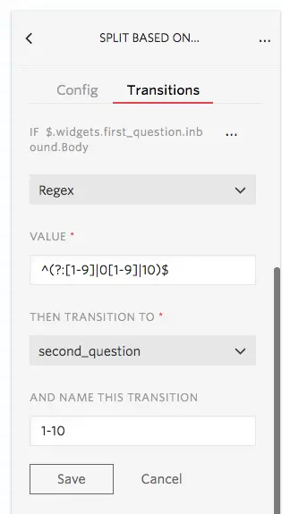 Regex configuration for values 1 to 10 with transition to second_question.