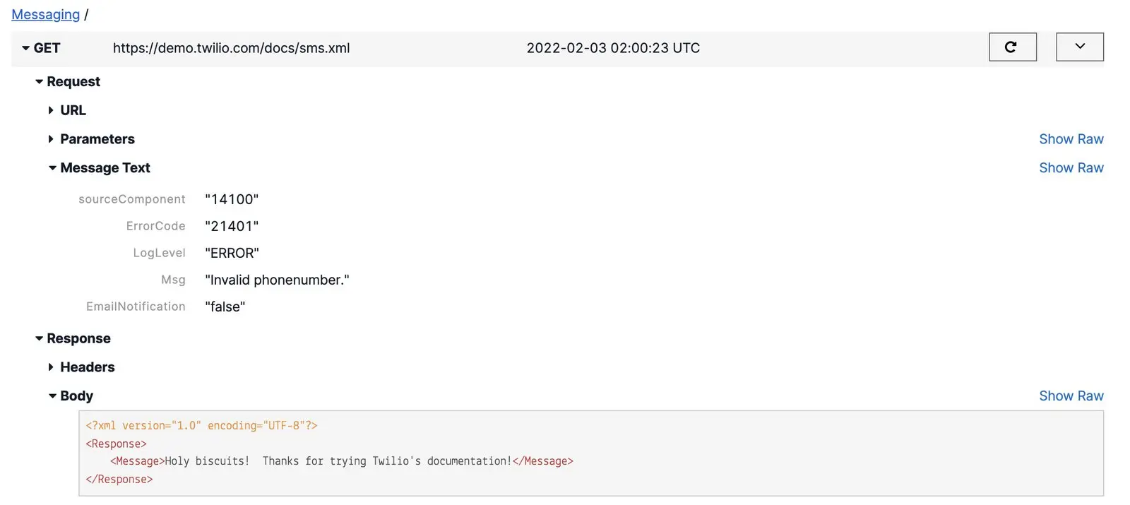 Messaging request inspector showing GET request with error code 21401 and message 'Invalid phonenumber.'.