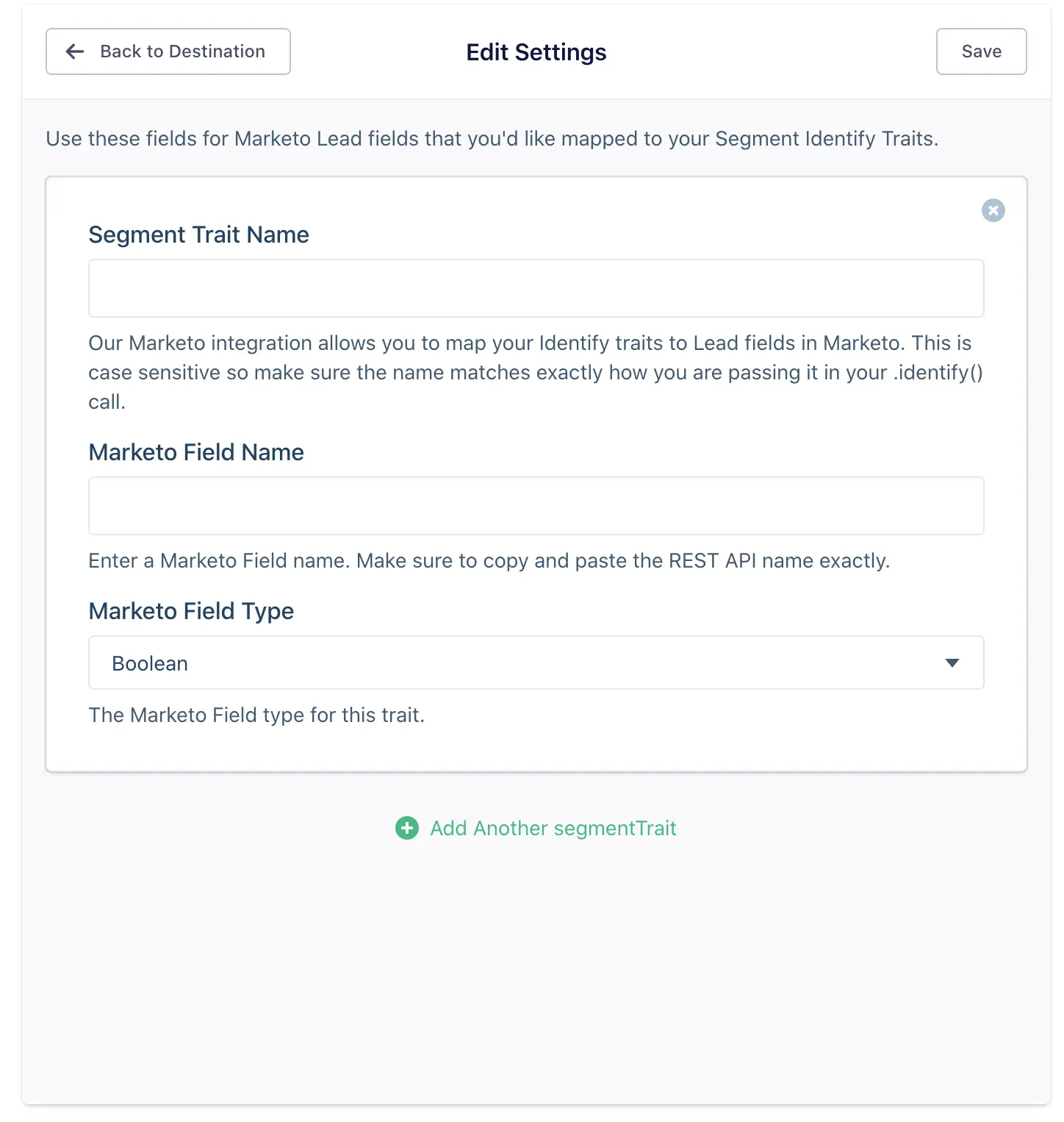 Marketo settings page with fields for Segment Trait Name, Marketo Field Name, and Marketo Field Type.
