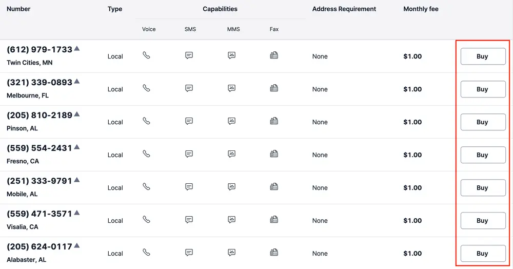 Table of local phone numbers with capabilities and buy options.