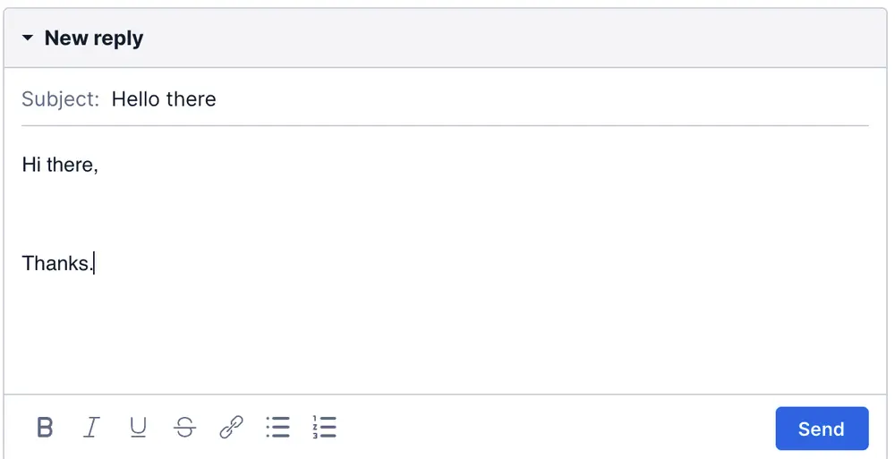 Email draft with subject 'Hello there' and message 'Hi there, Thanks.'.