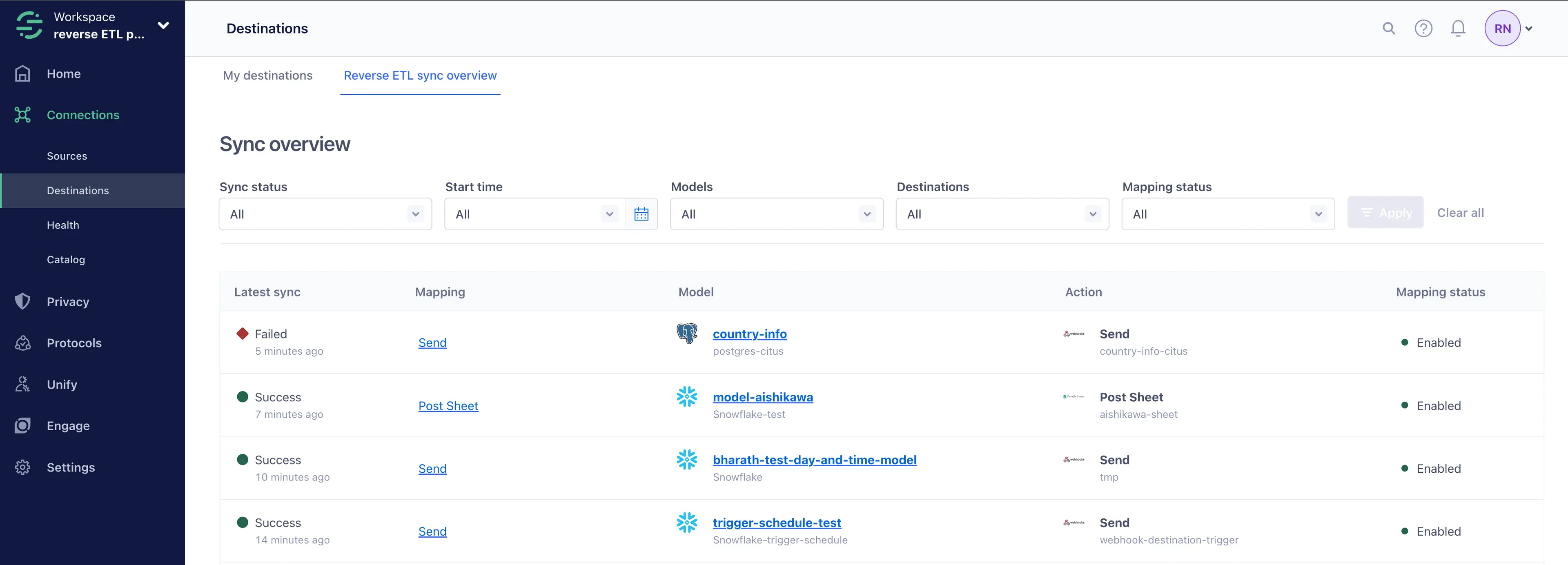 Sync overview with one failed and three successful syncs, showing models and mapping status.