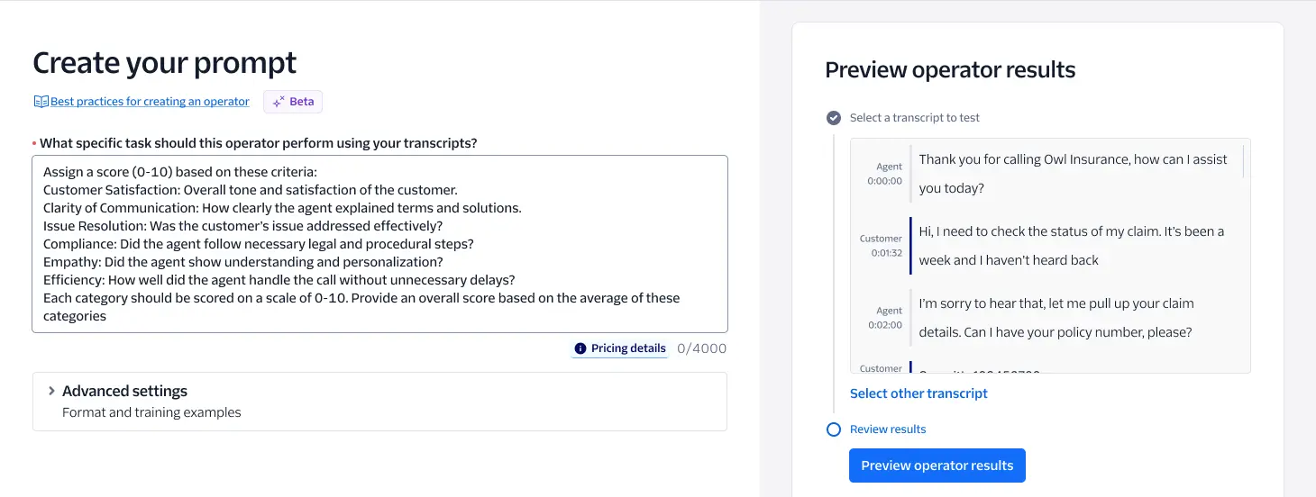 Interface for creating a generative custom operator with scoring criteria and transcript preview.