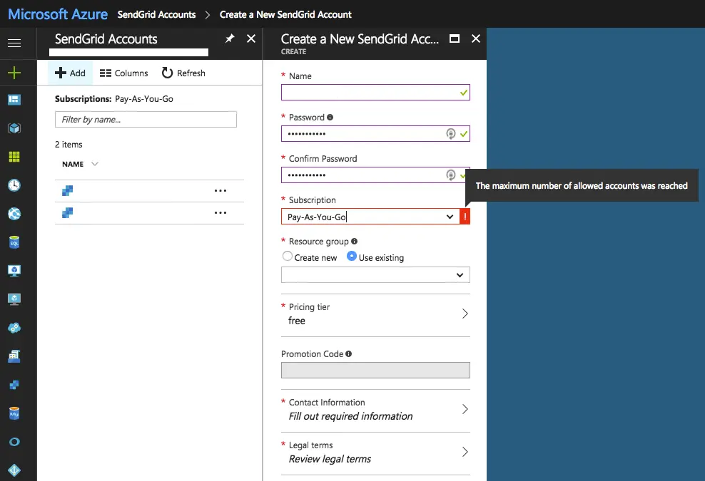 Azure error: maximum number of allowed SendGrid accounts reached during account creation.