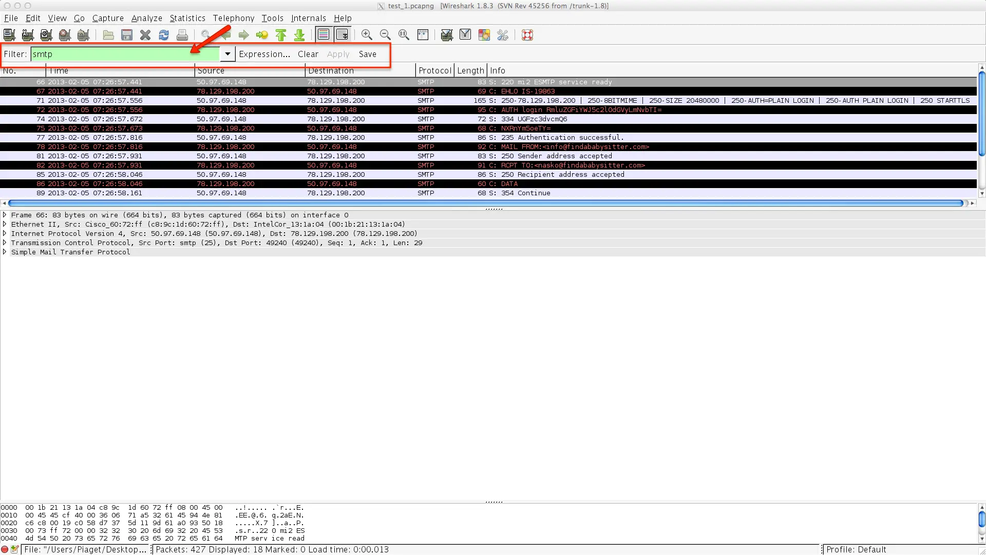 Wireshark interface filtering SMTP protocol with packet details displayed.