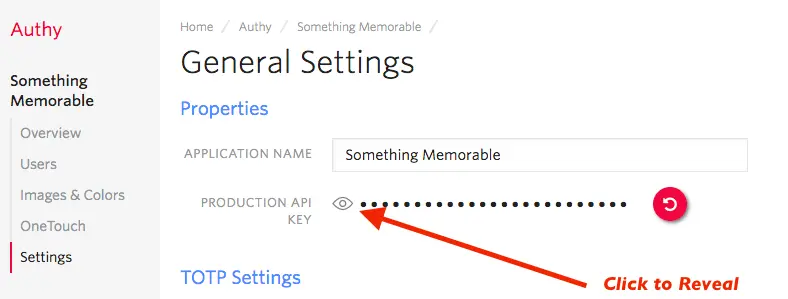 General settings page showing production API key with reveal option.