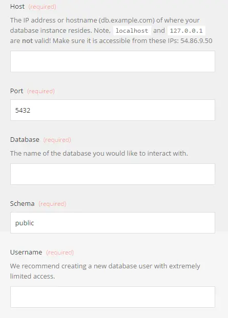 Form fields for PostgreSQL connection including host, port, database, schema, and username.