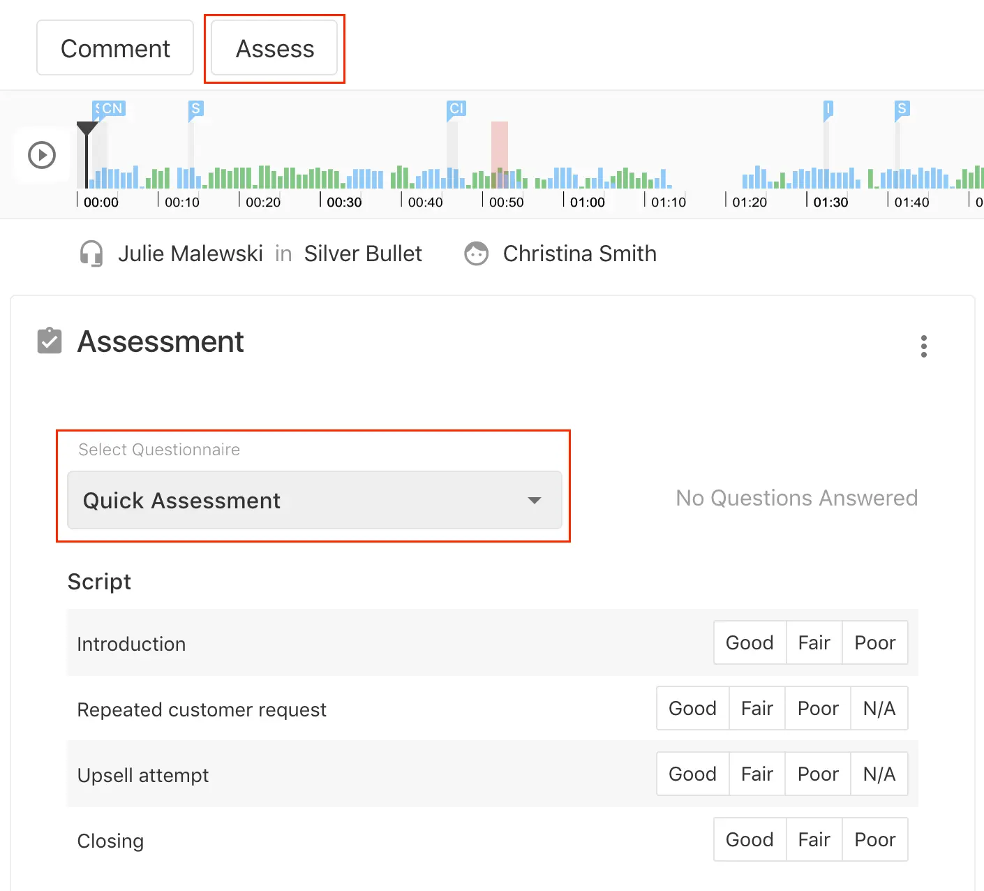 Assessment interface with Quick Assessment dropdown and script rating options.