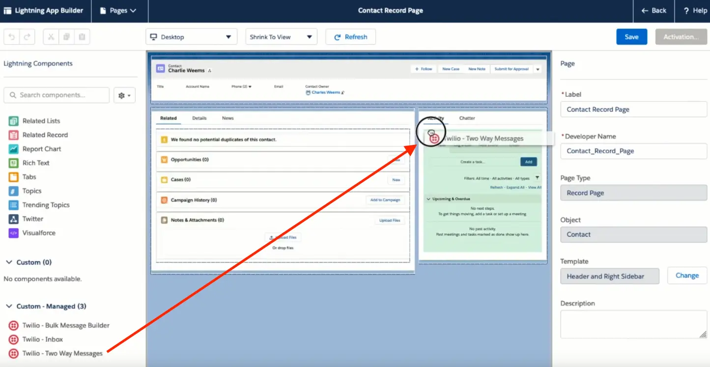 Lightning App Builder showing Twilio Two Way Messages component added to Contact Record Page.
