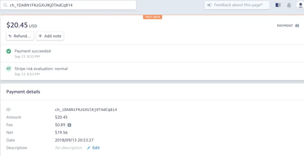 Stripe payment of $20.45 succeeded with normal risk evaluation on Sep 13, 8:53 PM.
