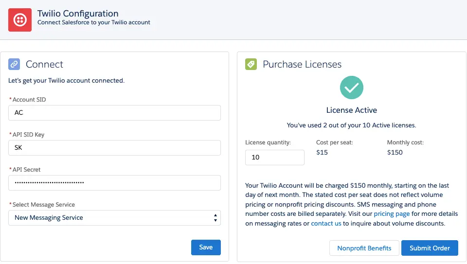 Twilio configuration screen with account SID, API SID key, and license purchase details.