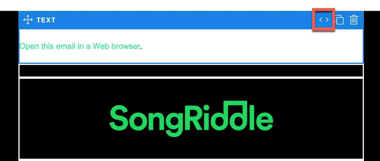 Code editor showing href with Weblink placeholder and email preview with 'Open email in browser' link.